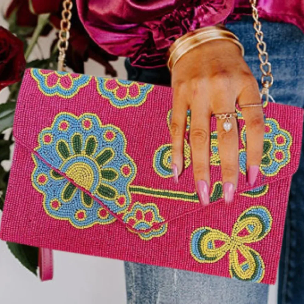 Spring Fling Floral Seed Beaded Fuchsia Pink Crossbody Clutch Handbag Bag NEW